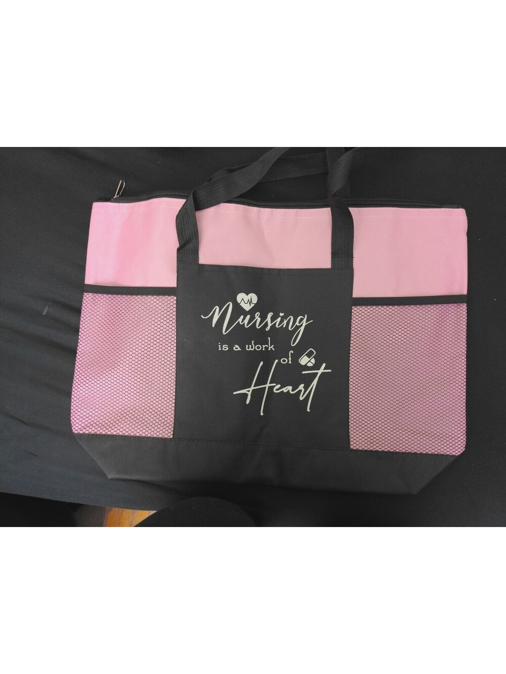 Nurse Tote Bag Gift Nursing is a Work of Heart Womens Pink Black Shoulder Bag